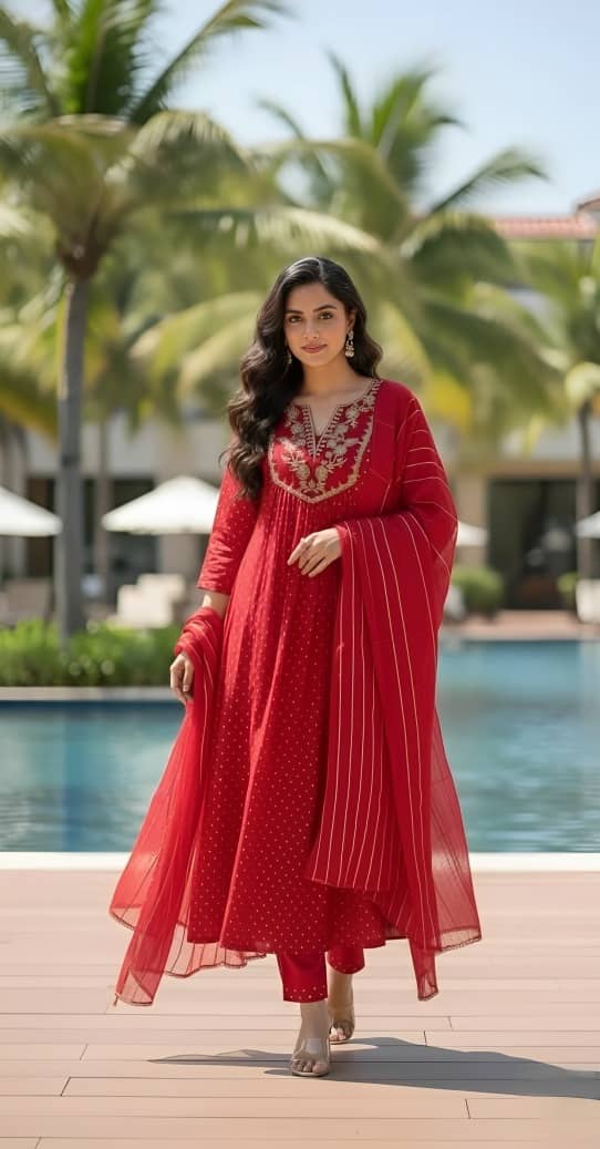 Hiva Trendz Women Polyester Solid Straight Kurti With Pants ( Red )