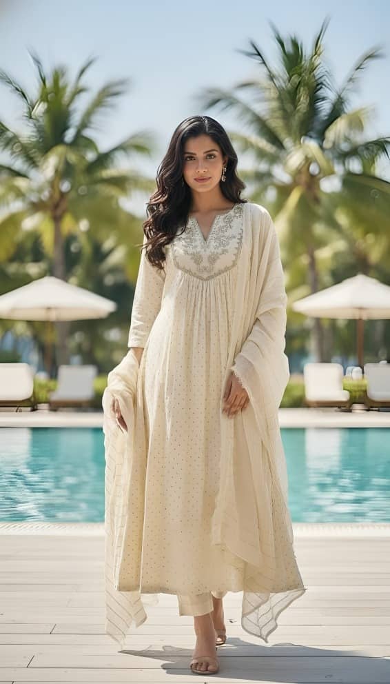 Hiva Trendz Women Polyester Solid Straight Kurti With Pants ( Cream )