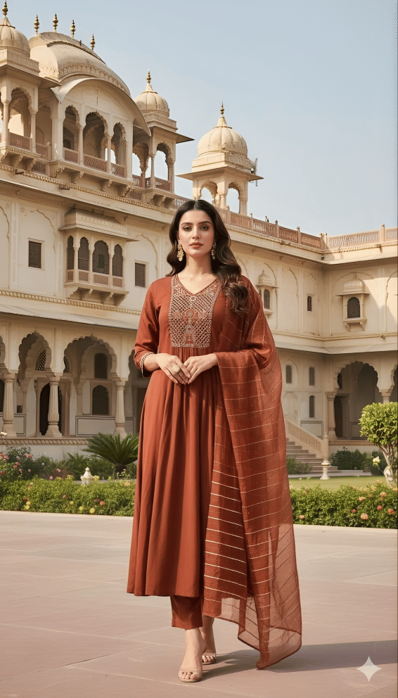 Hiva Trendz Women Silk Blend Embroidered Straight Kurti With Pants ( Rust )