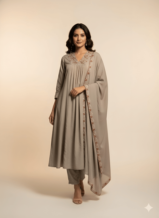 Hiva Trendz Women Silk Blend Embroidered Straight Kurti With Pants ( Beige )