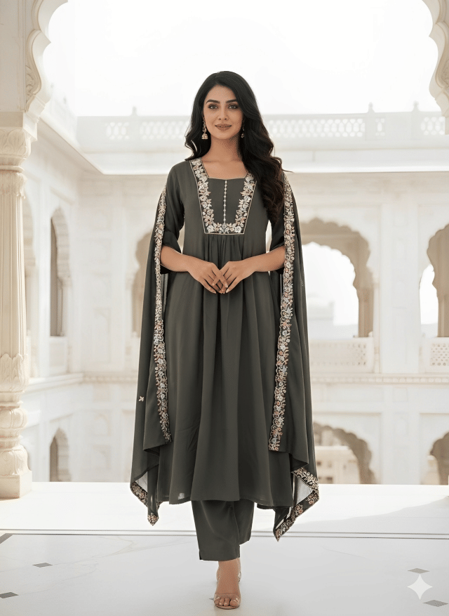 Hiva Trendz Women Silk Blend Embroidered Straight Kurti With Pants ( Grey Melange )