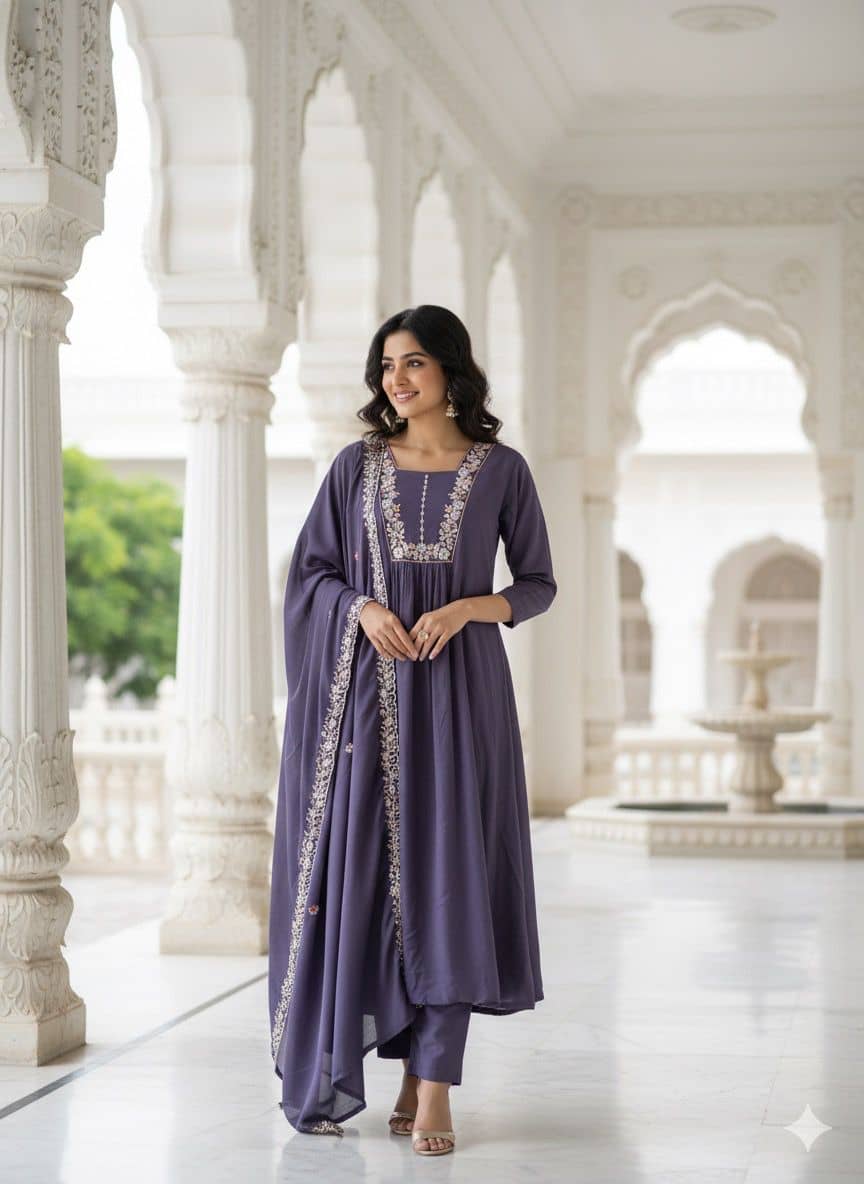 Hiva Trendz Women Silk Blend Embroidered Straight Kurti With Pants ( Purple )