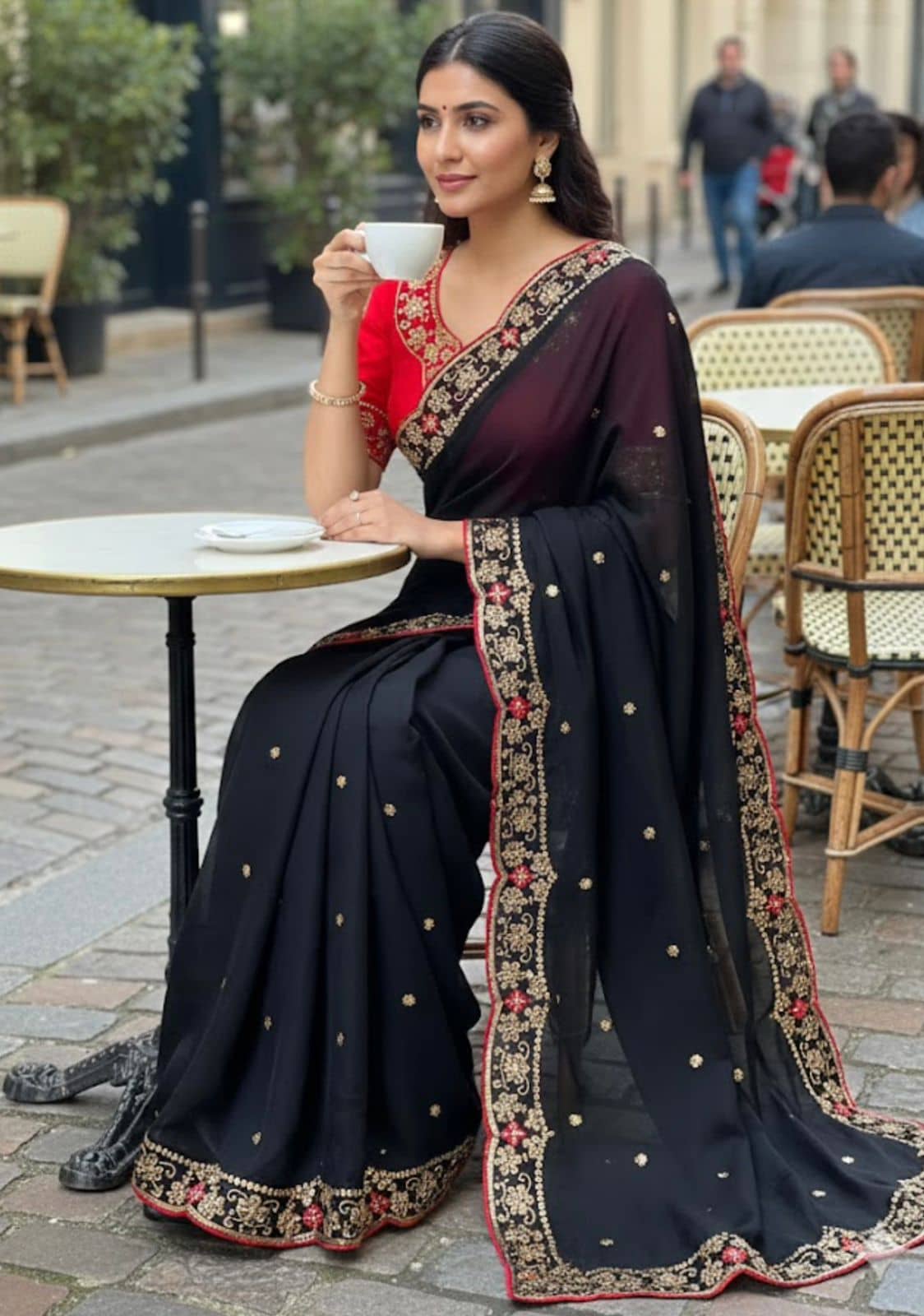Malti Georgette Embroidered Banarasi saree With Unstitched Blouse Piece ( Olive ) - Sarees | Buy online on ZillyBuy