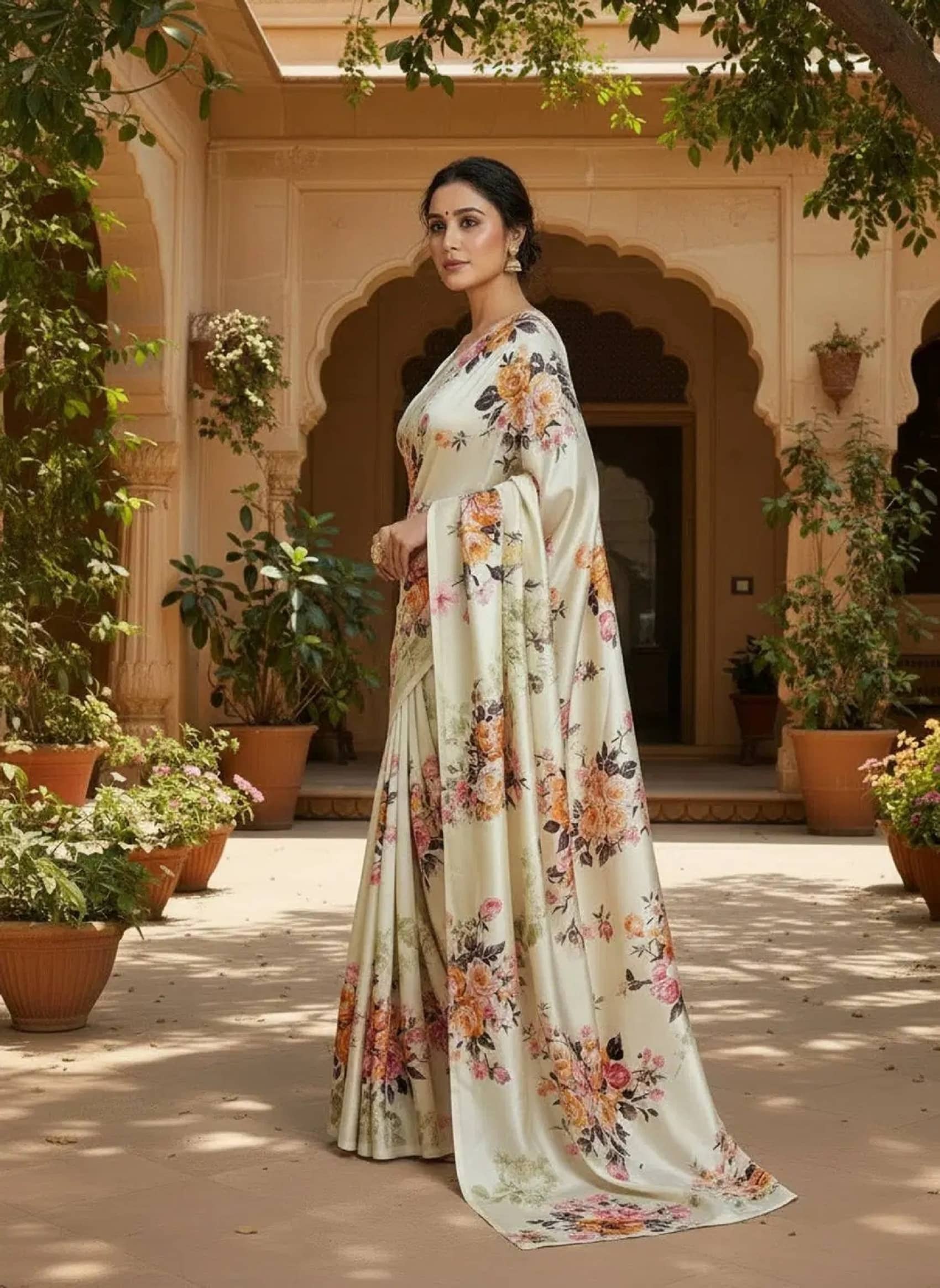 Saadhvi Linen Printed Regular Saree With Unstitched Blouse Piece ( Cream ) - Sarees | Buy online on ZillyBuy