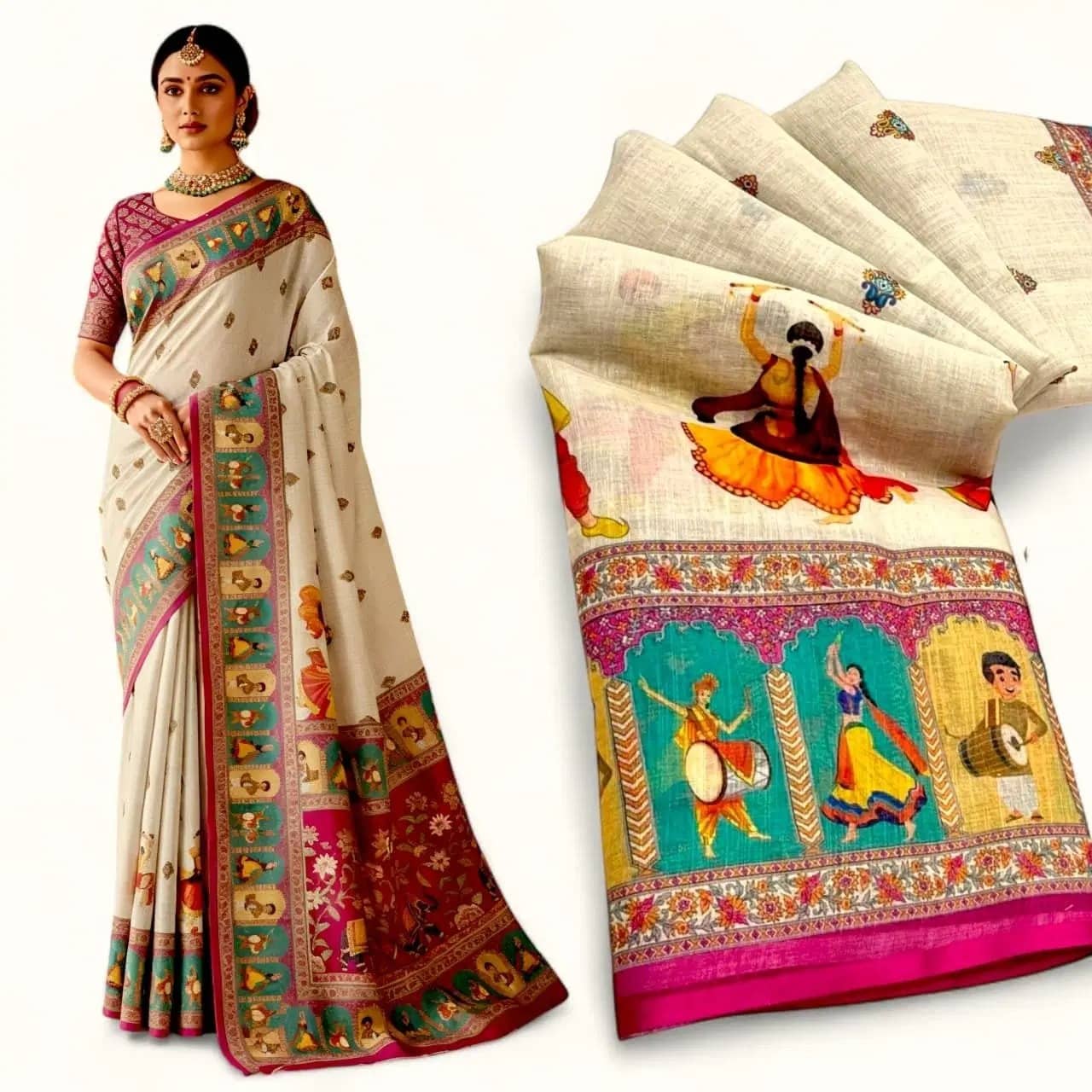 Saadhvi Linen Printed Regular Saree With Unstitched Blouse Piece ( Beige ) - Sarees | Buy online on ZillyBuy
