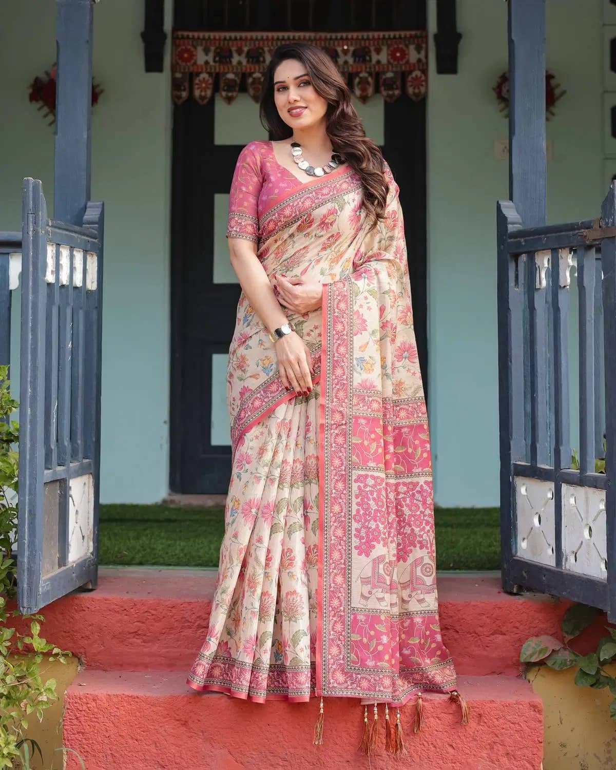 Saadhvi Linen Printed Regular Saree With Unstitched Blouse Piece ( Pink ) - Sarees | Buy online on ZillyBuy