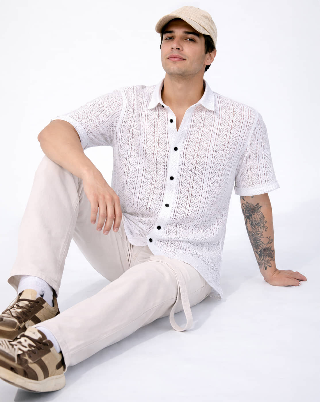 Eyebogler Cotton Blend Regular Fit Self Design Half Sleeves Men's Casual Shirt - Off-White ( Pack of 1 )