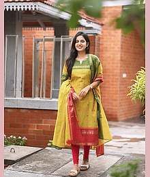 MORMILAN Women Cotton Solid Straight Kurti with Dupatta ( Mustard )