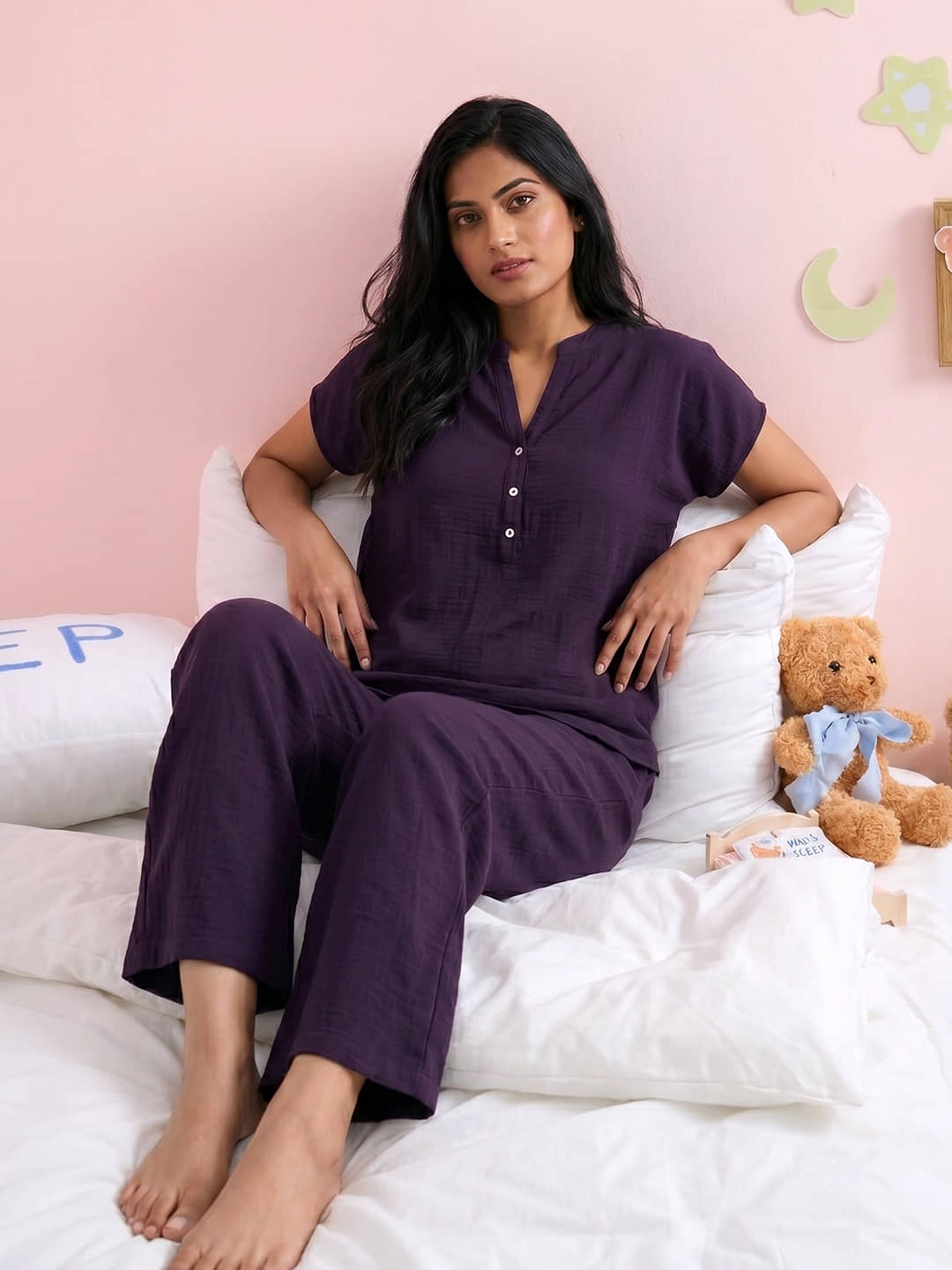 Addyvero Women Solid T-Shirt With Trousers Co-Ord Set ( Purple )