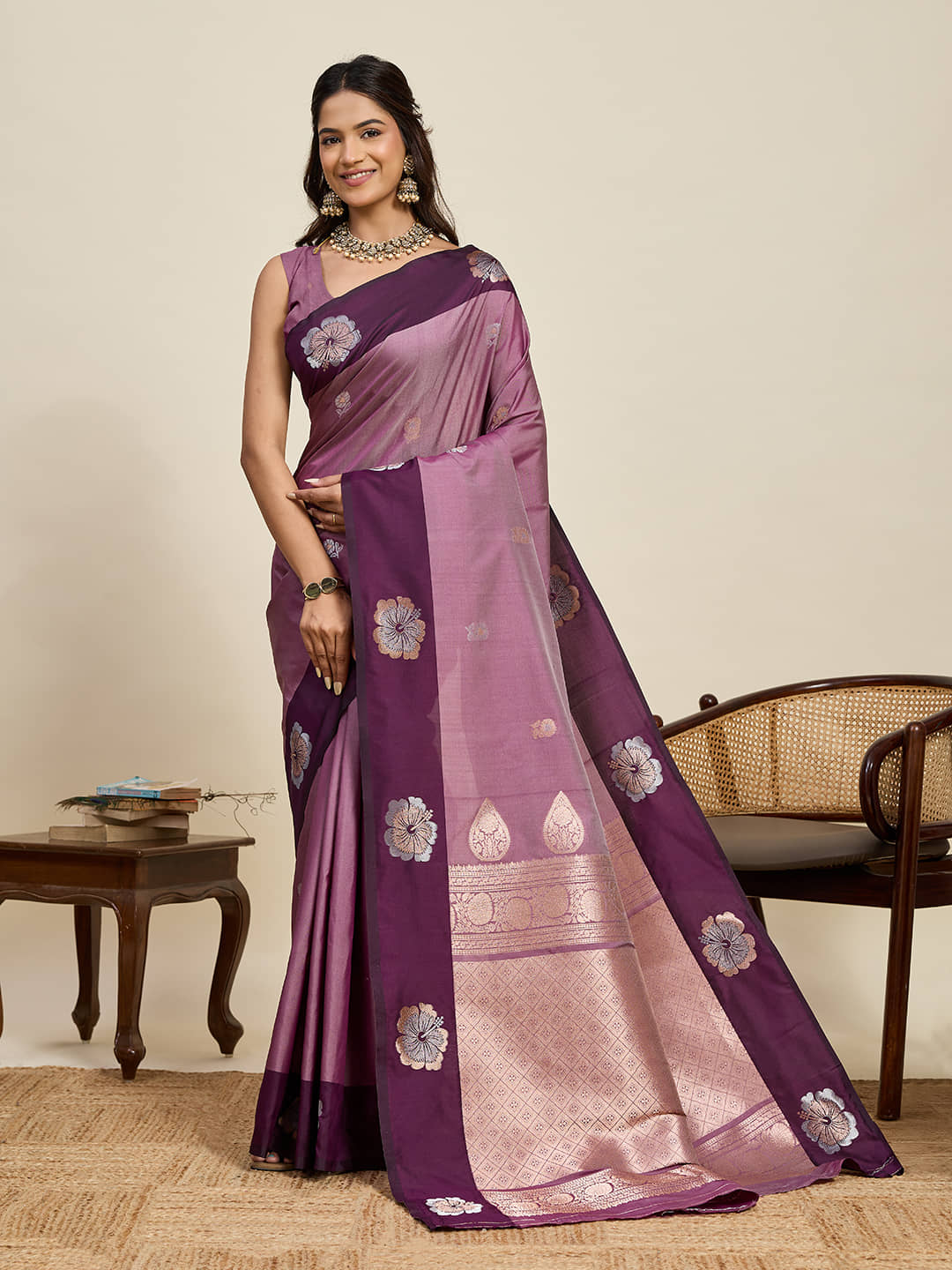 VEDANT VASTRAM Art Silk Woven Design Banarasi saree With Unstitched Blouse Piece ( Wine ) - Sarees | Buy online on ZillyBuy