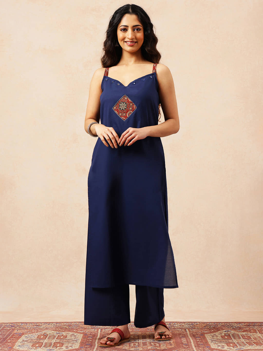 Vbuyz Women Cotton Solid A-line Kurti With Palazzo ( Blue )