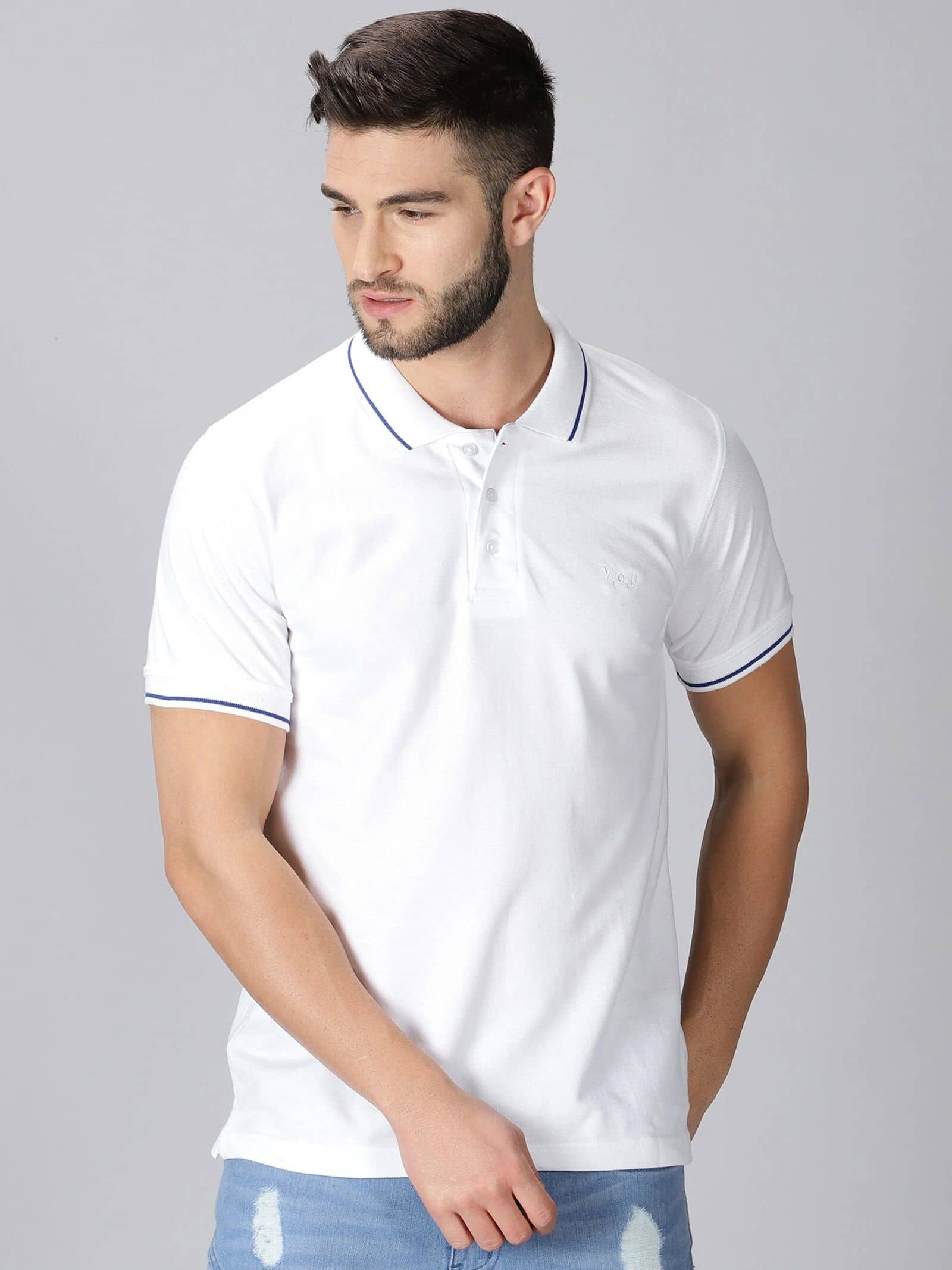 Y.O.U. Men Cotton Oversized Fit Solid Polo T Shirt ( White )