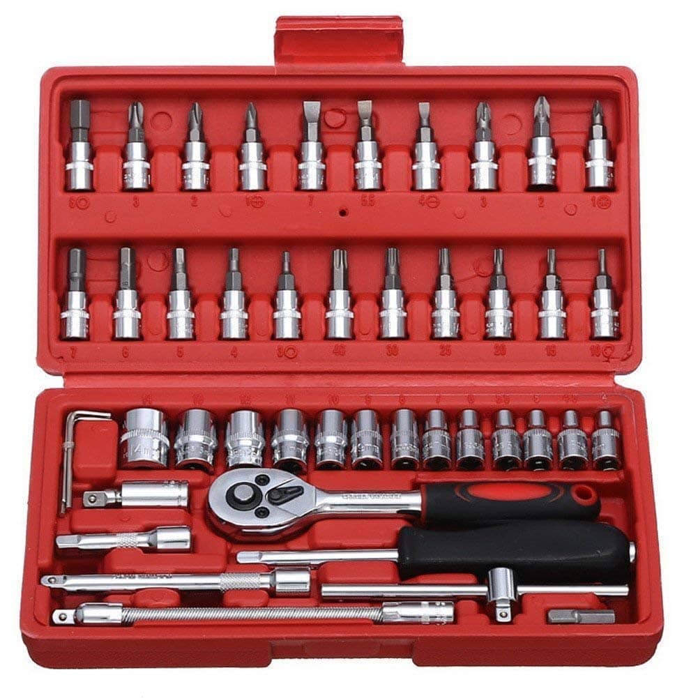 46Pcs 1/4 Rachet Socket Set For Car,Bike & DIY Repair Tool Kit