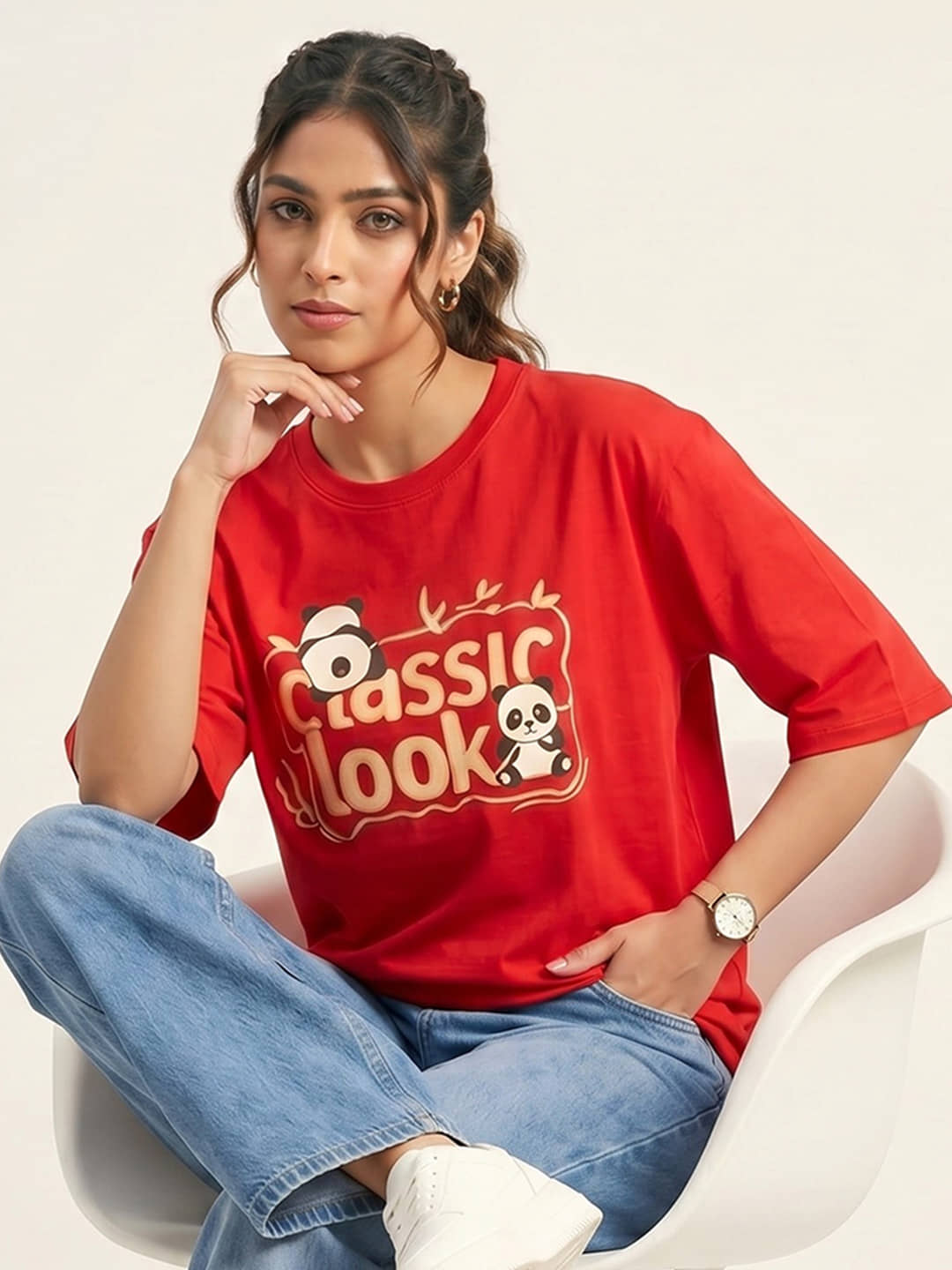 Addyvero Women Cotton Blend Printed Oversized Fit Round Neck T-Shirt ( White )