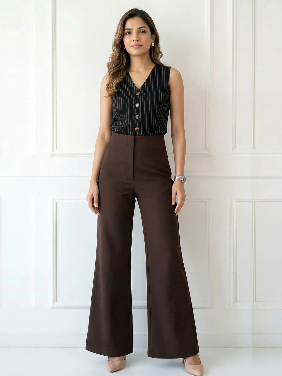 Addyvero Women Polyester Wide Leg Trousers ( Brown ) - Trousers | Buy online on ZillyBuy
