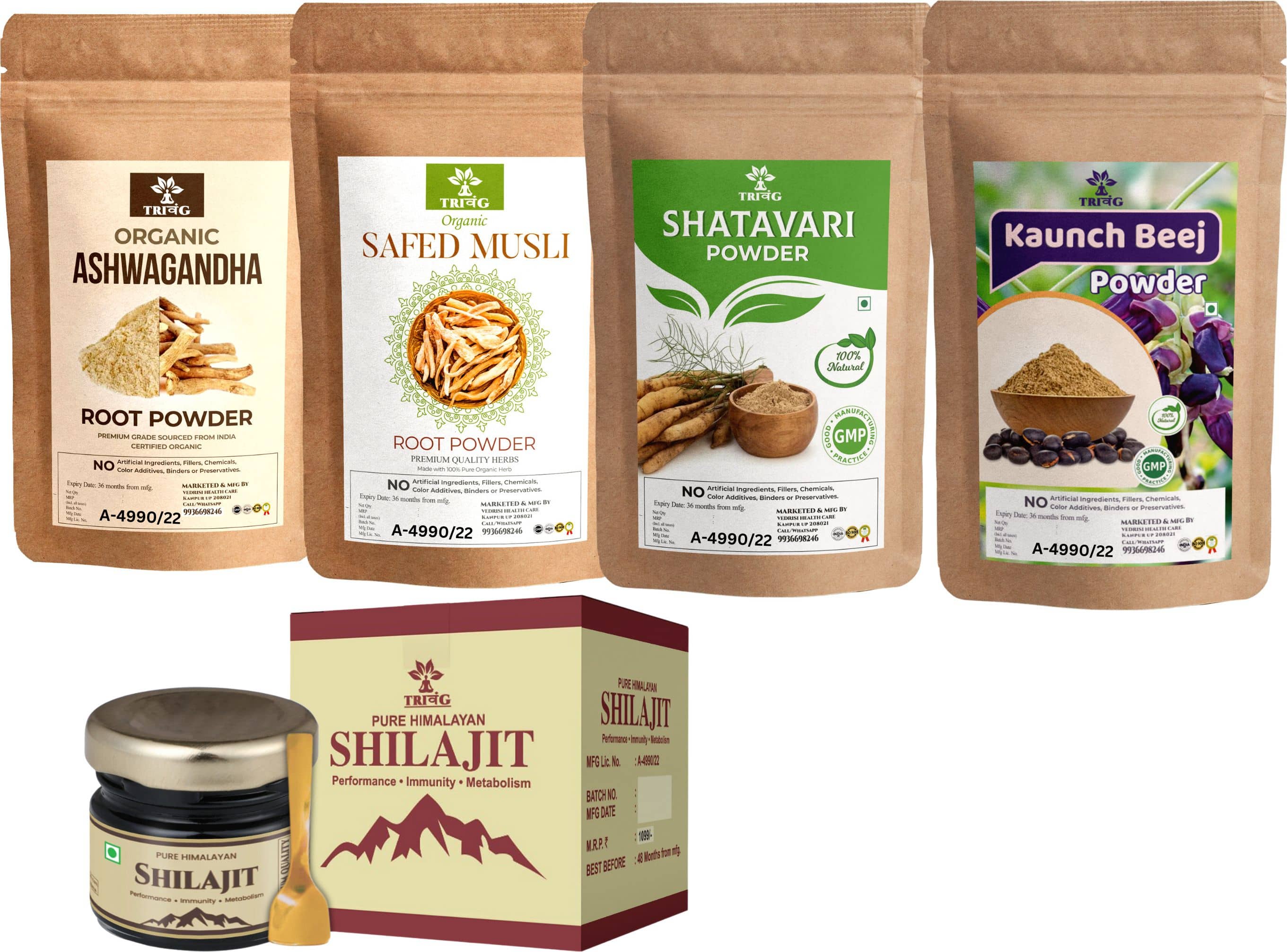 Trivang Ashwagandha,Safed Musli,Kaunch Seed,Shatavari Powder (4 x 100g) & Shilajit 20g 420 g Pack of 5