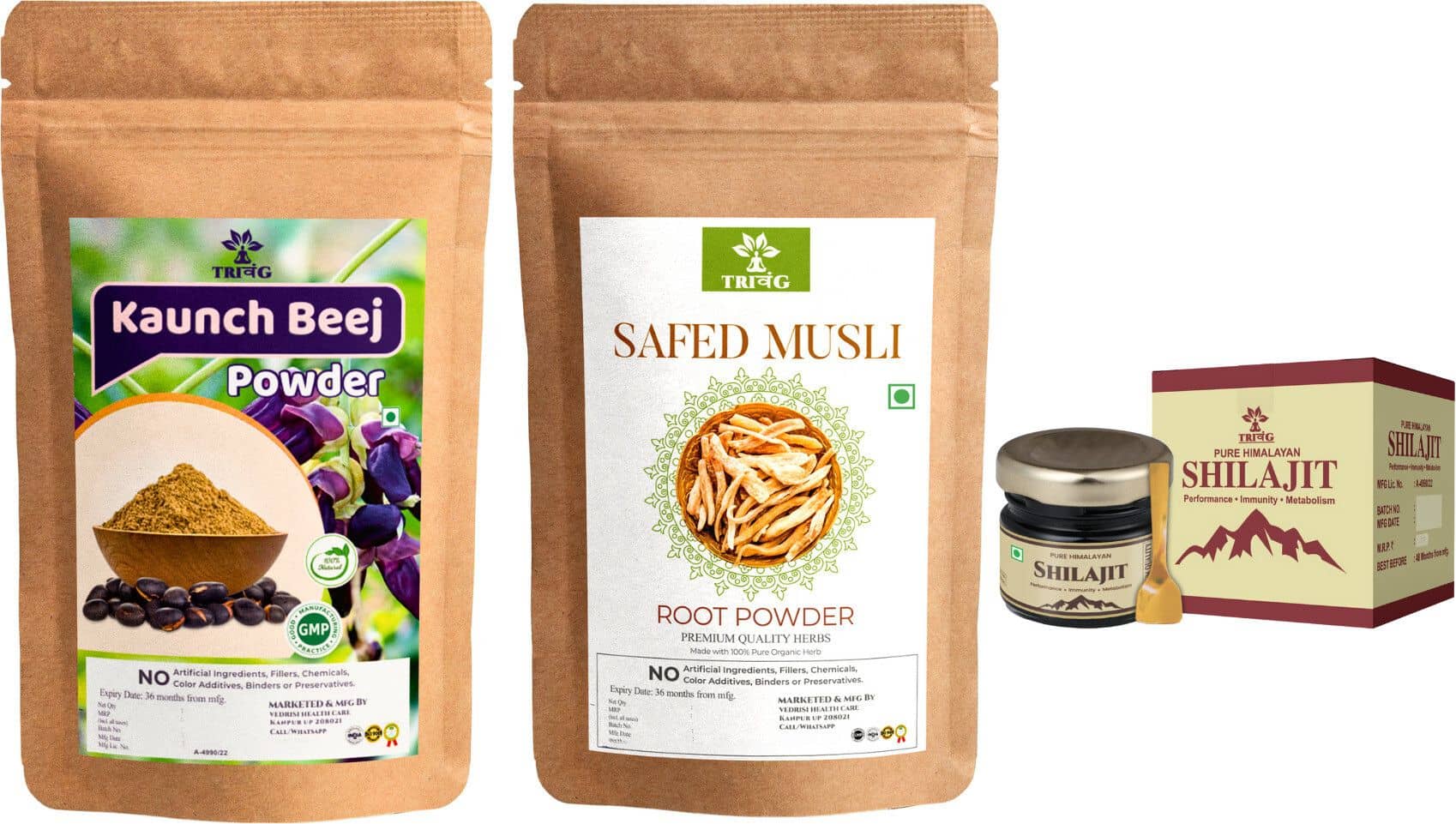 Trivang Safed Musli,Kaunch Beej Powder (2 x 100g) & Shilajit 20g 220 g Pack of 2