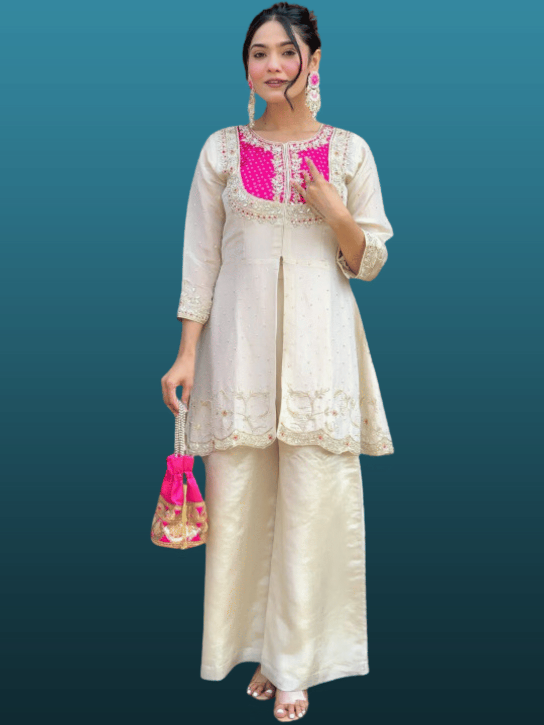 ikigai Women Embroidered Top With Palazzos Co-Ord Set ( Pink )