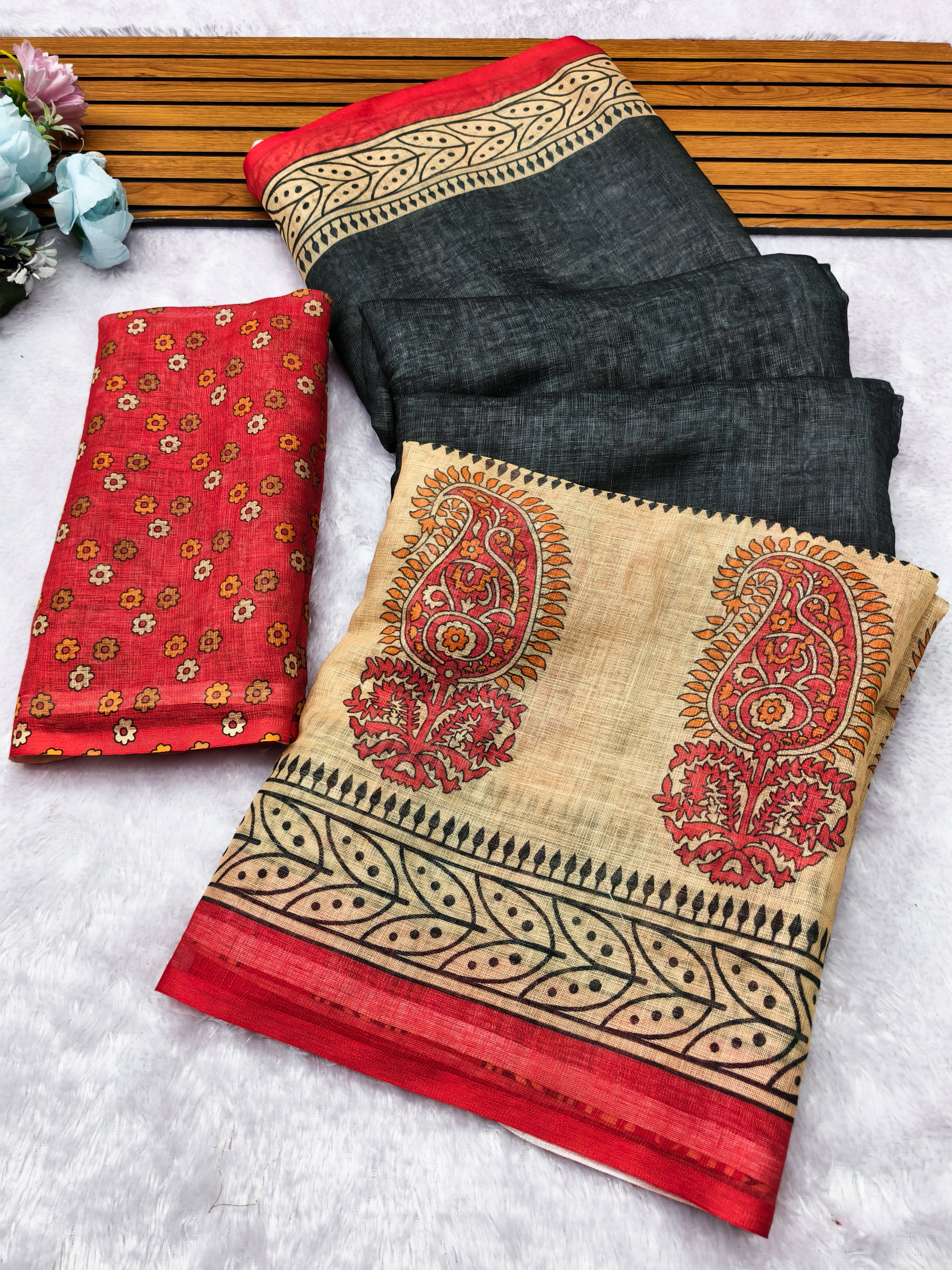 Kashvi Sarees Cotton Printed Kasavu Saree With Unstitched Blouse Piece ( Red ) - Sarees | Buy online on ZillyBuy