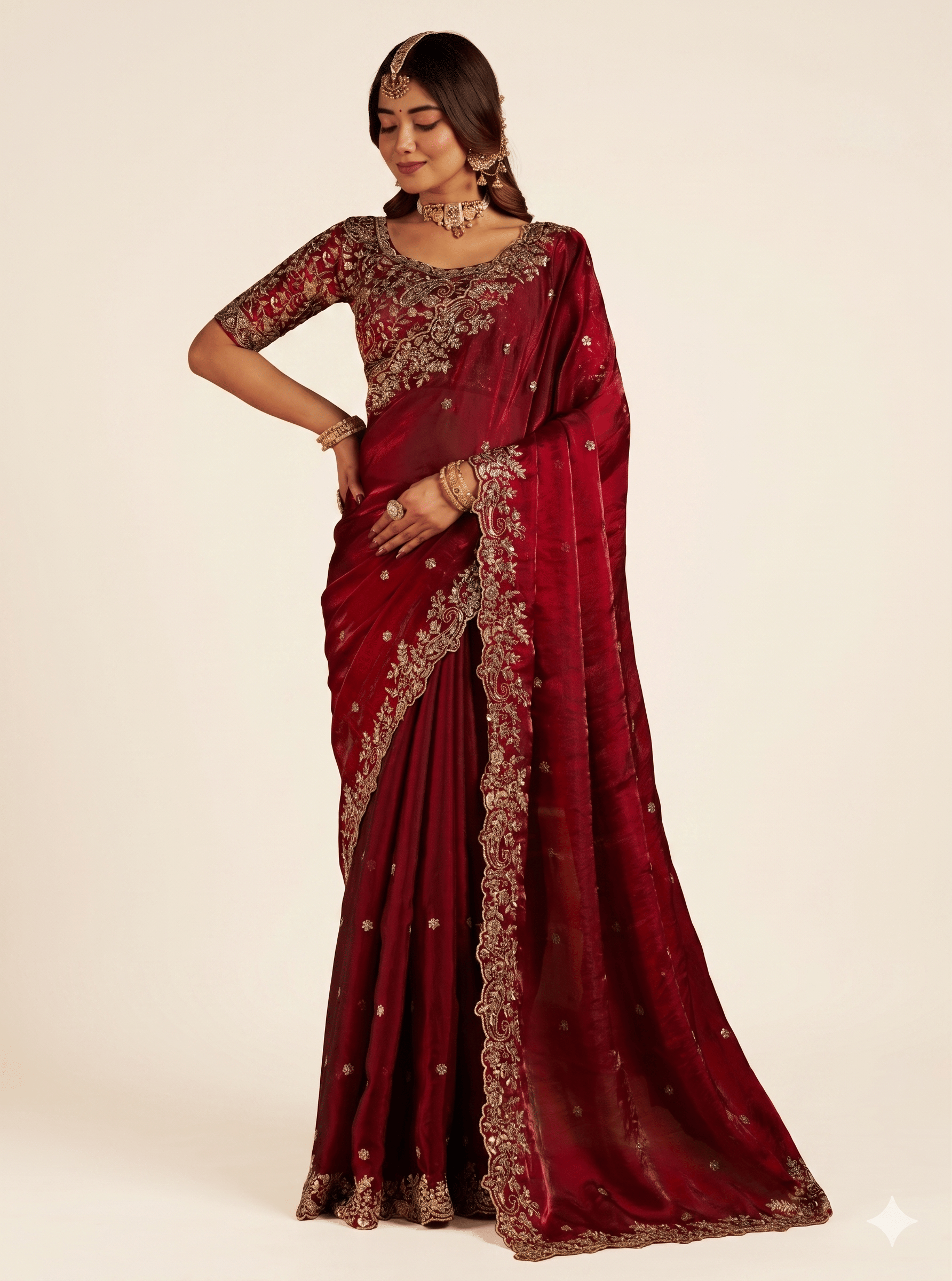 Malti Chiffon Embroidered Regular Saree With Unstitched Blouse Piece ( Maroon ) - Sarees | Buy online on ZillyBuy