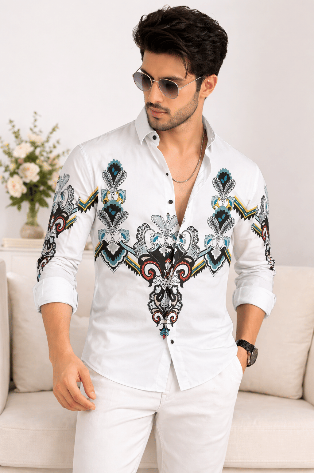 Le Pery Lycra Regular Fit Printed Full Sleeves Men's Casual Shirt - White ( Pack of 1 )