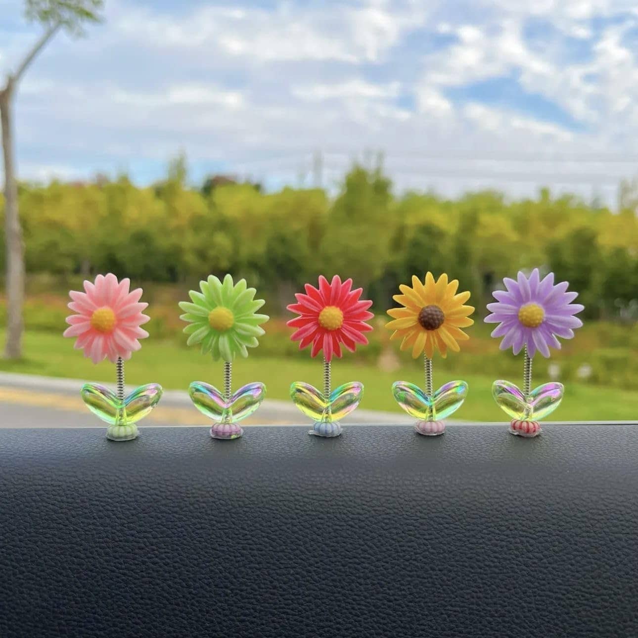 Mini Shaking Head Dancing Flower Interior Accessories | Dashboard Decoration, Spring Bobbing Figurines, Multicolour 15 Adhesive Stickers for Easy Install (5 Flower)