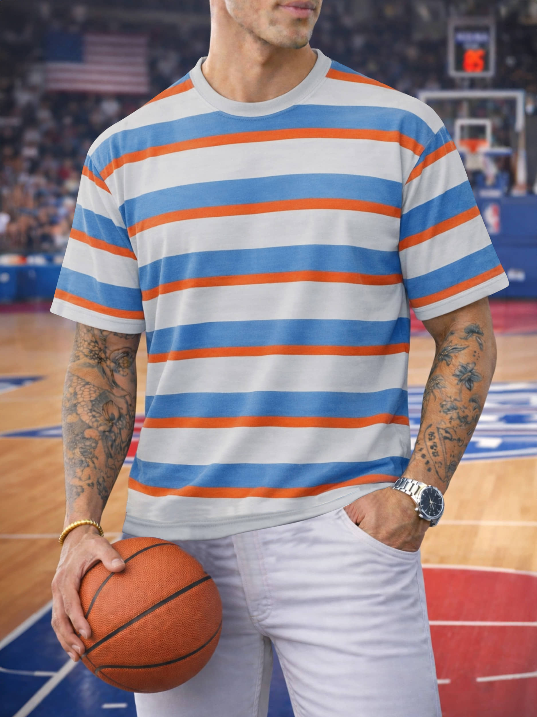 Eyebogler Men Cotton Blend Oversized Fit Striped T-Shirt ( Multicolor )