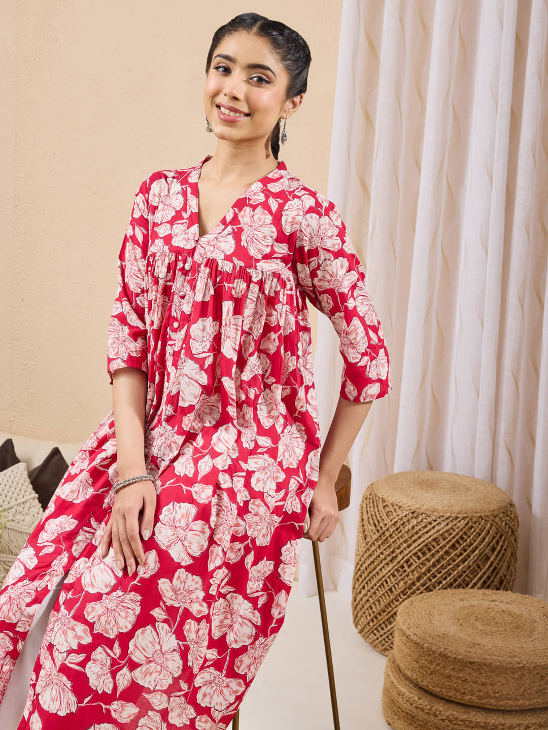 Janasya Women Cotton Printed A-line Kurti ( Pink ) - Kurtis, Tunics | Buy online on ZillyBuy