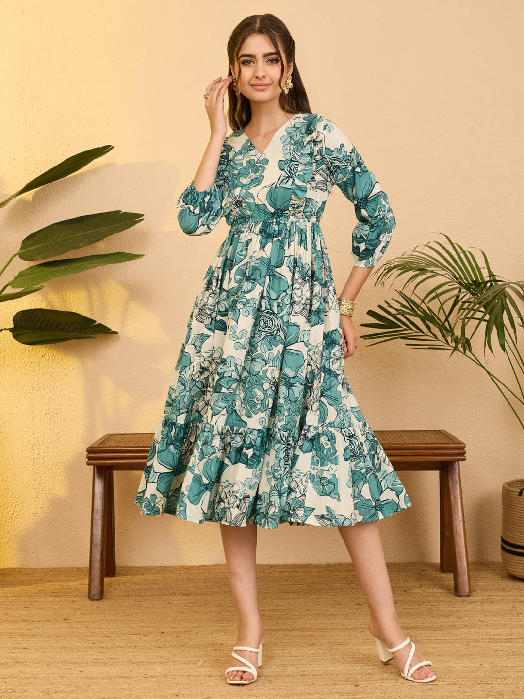 Janasya Women Cotton Printed Fit & Flare Dress ( Off White )
