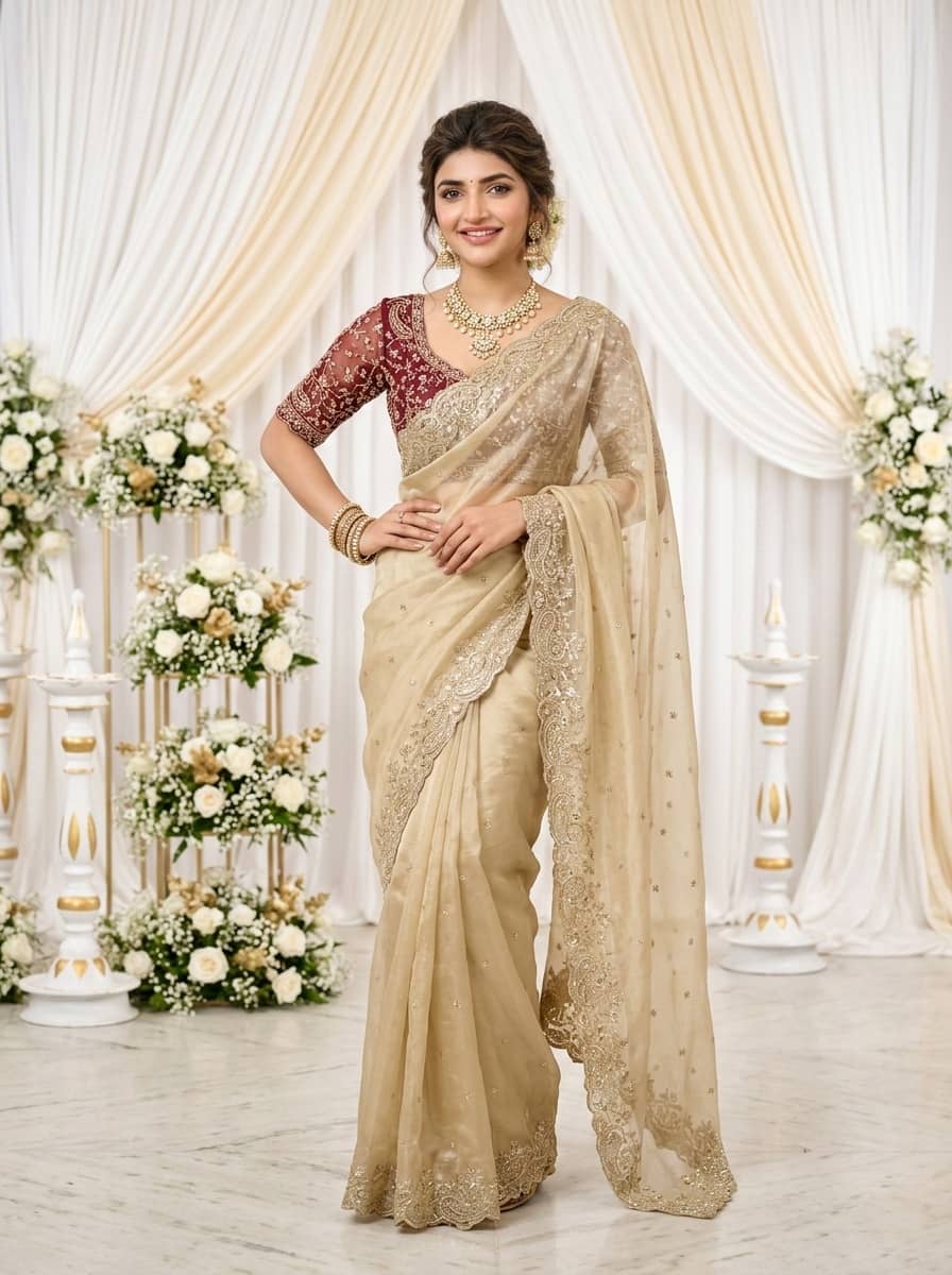 Rangtulika Ethnics Georgette Embroidered Regular Saree With Unstitched Blouse Piece ( Off White ) - Sarees | Buy online on ZillyBuy