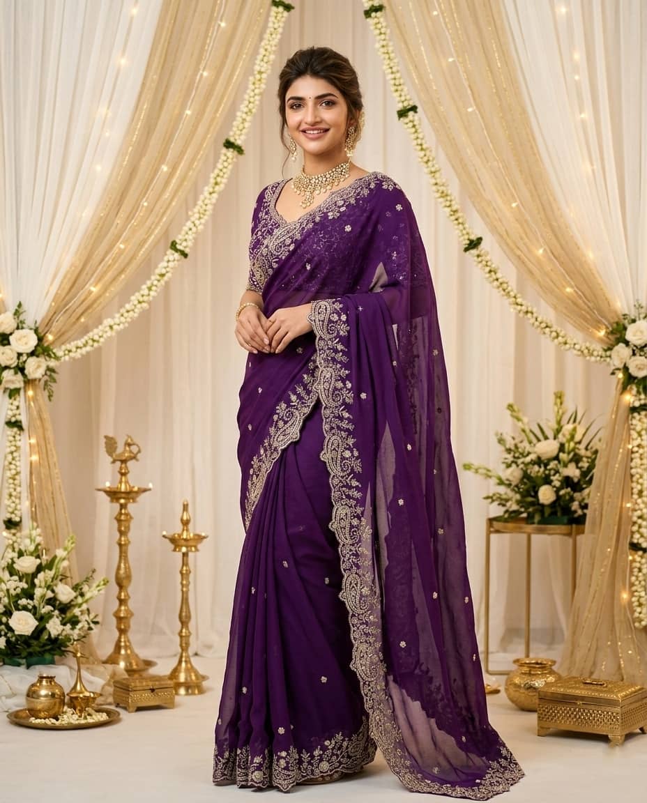 Rangtulika Ethnics Georgette Embroidered Regular Saree With Unstitched Blouse Piece ( Purple ) - Sarees | Buy online on ZillyBuy