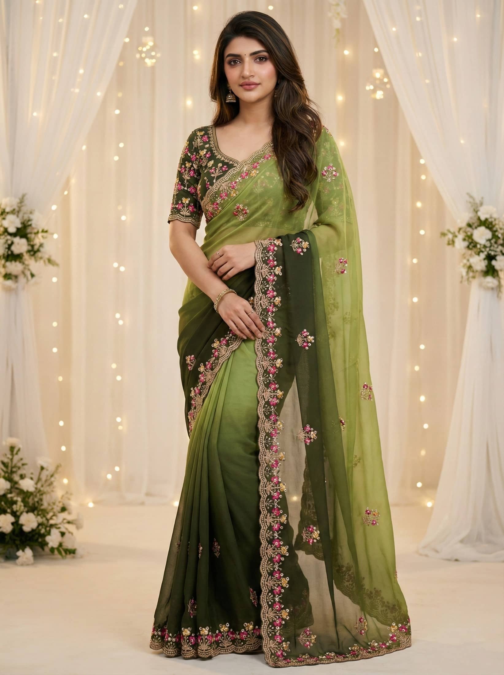 Rangtulika Ethnics Georgette Embroidered Regular Saree With Unstitched Blouse Piece ( Green ) - Sarees | Buy online on ZillyBuy