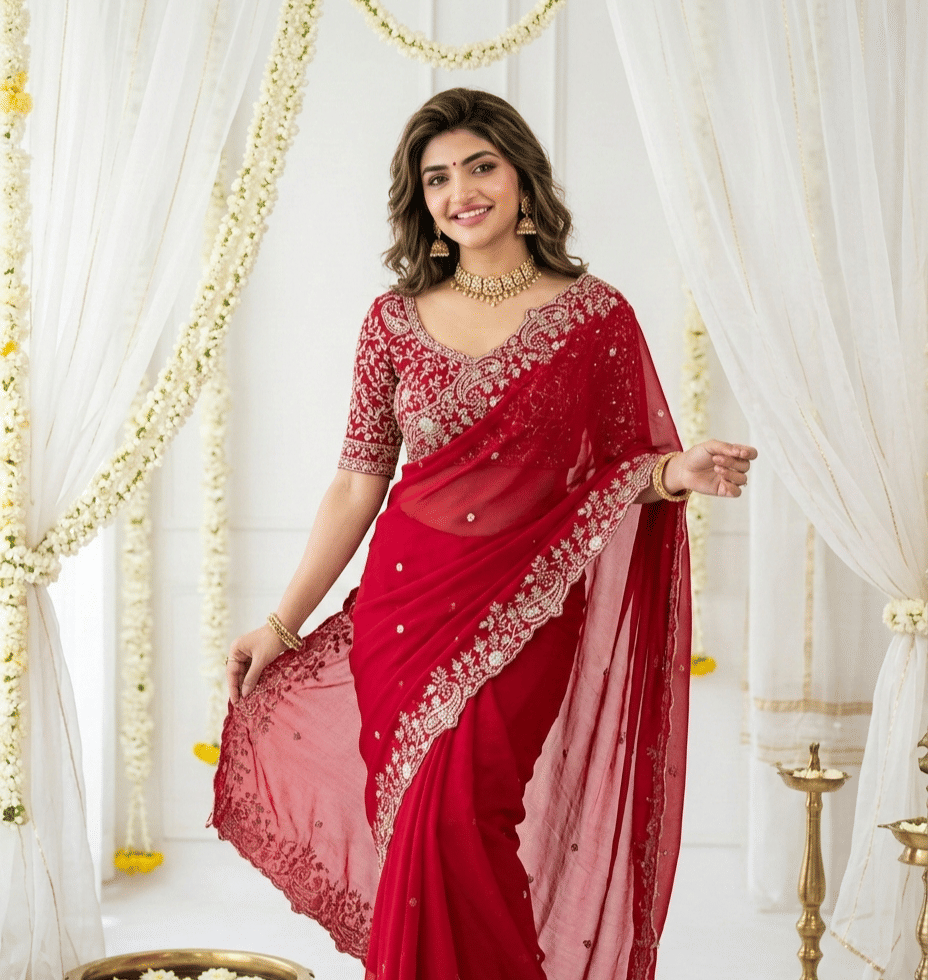 Rangtulika Ethnics Georgette Embroidered Regular Saree With Unstitched Blouse Piece ( Pink ) - Sarees | Buy online on ZillyBuy