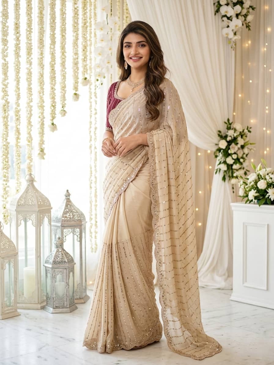 Rangtulika Ethnics Satin Embroidered Regular Saree With Unstitched Blouse Piece ( Off White ) - Sarees | Buy online on ZillyBuy