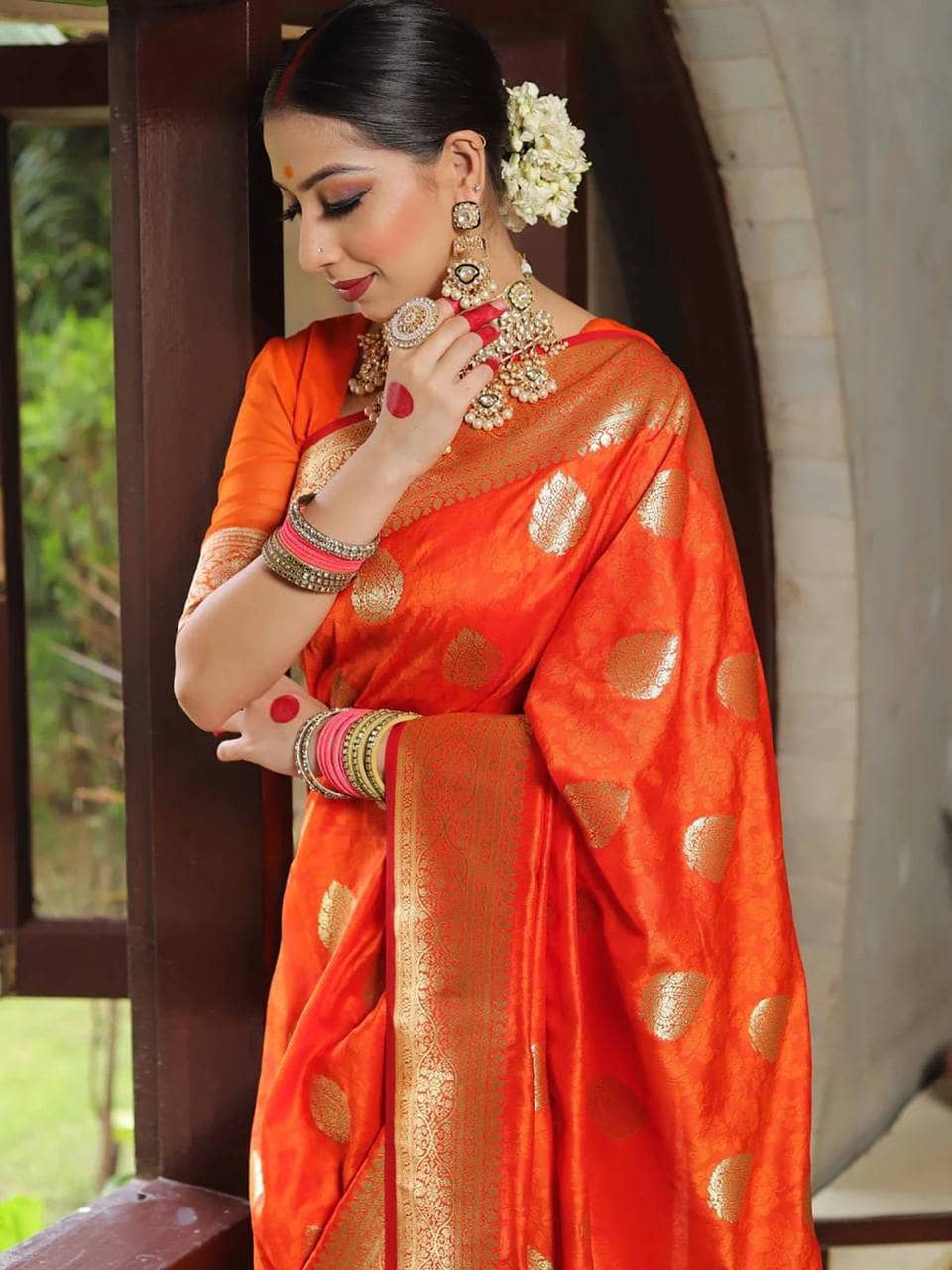 fab woven Art Silk Woven Design Banarasi saree With Unstitched Blouse Piece ( Orange ) - Sarees | Buy online on ZillyBuy