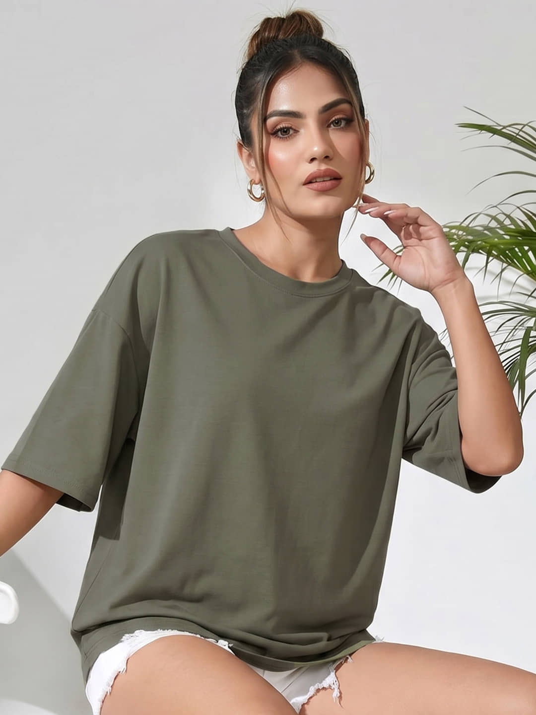 Addyvero Women Cotton Blend Solid Oversized Fit Round Neck T-Shirt ( Olive )