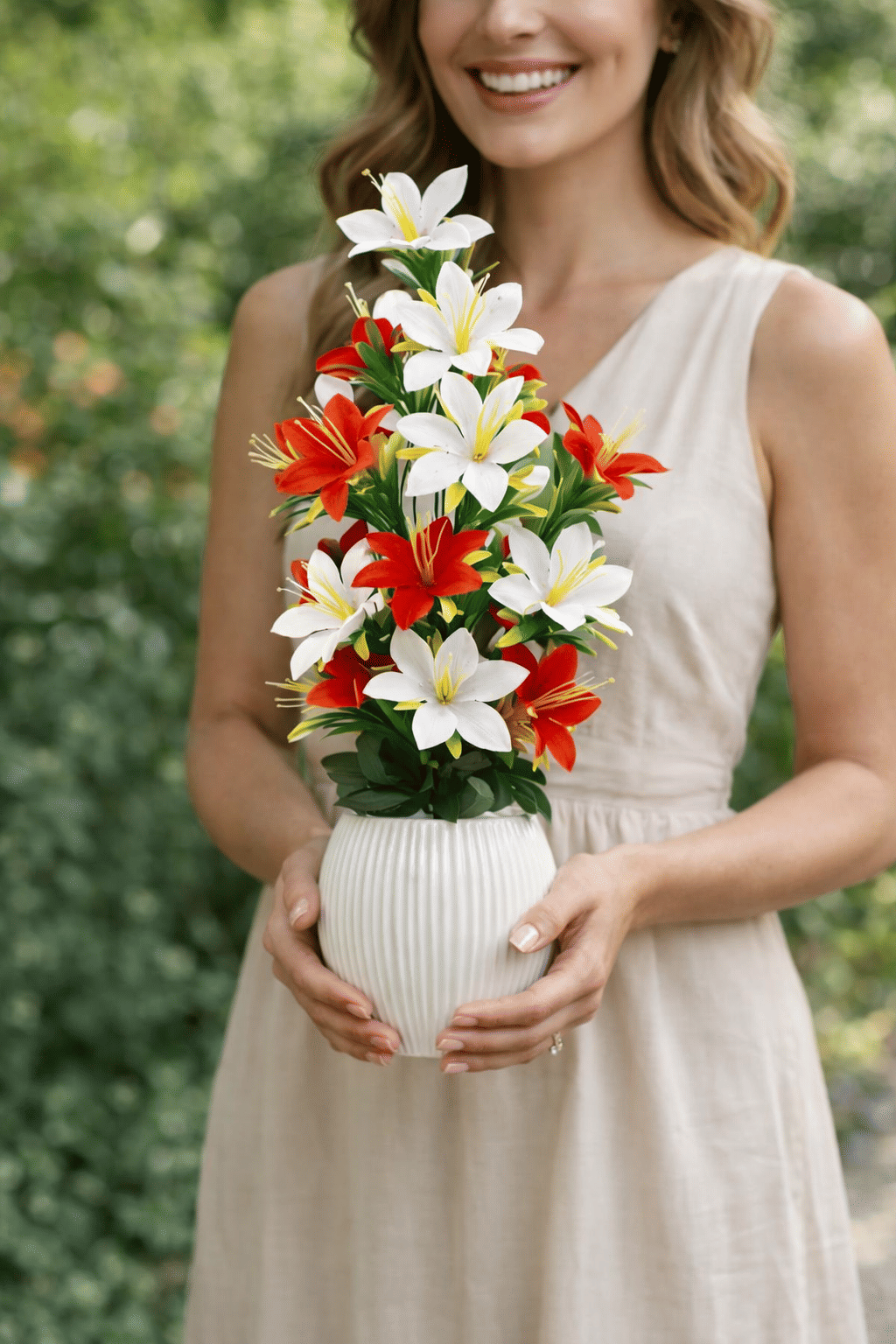 Artificial Lily Flower Arrangement for Dining Table Décor in White Vase
