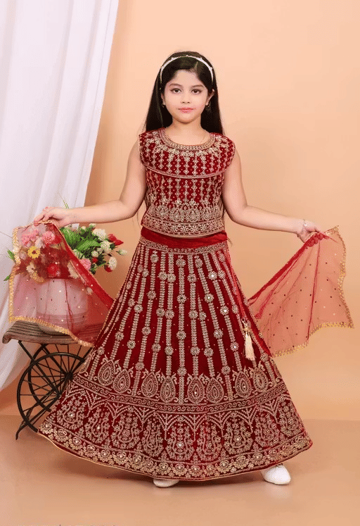 DS DRESSES Velvet Lehenga Choli Set For Girls ( Pack of 1 , Maroon )