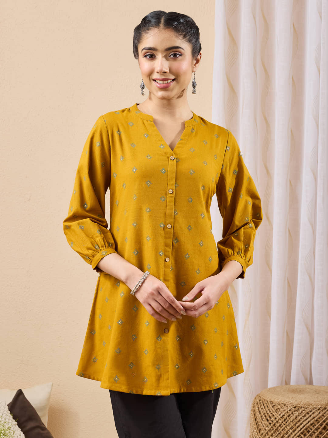 Janasya Women's Cotton Tunic ( Mustard )