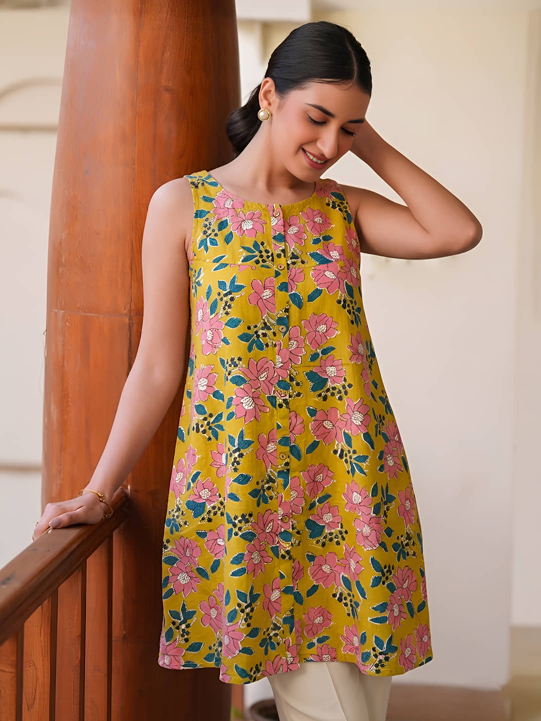 Janasya Women's Cotton Tunic ( Yellow )