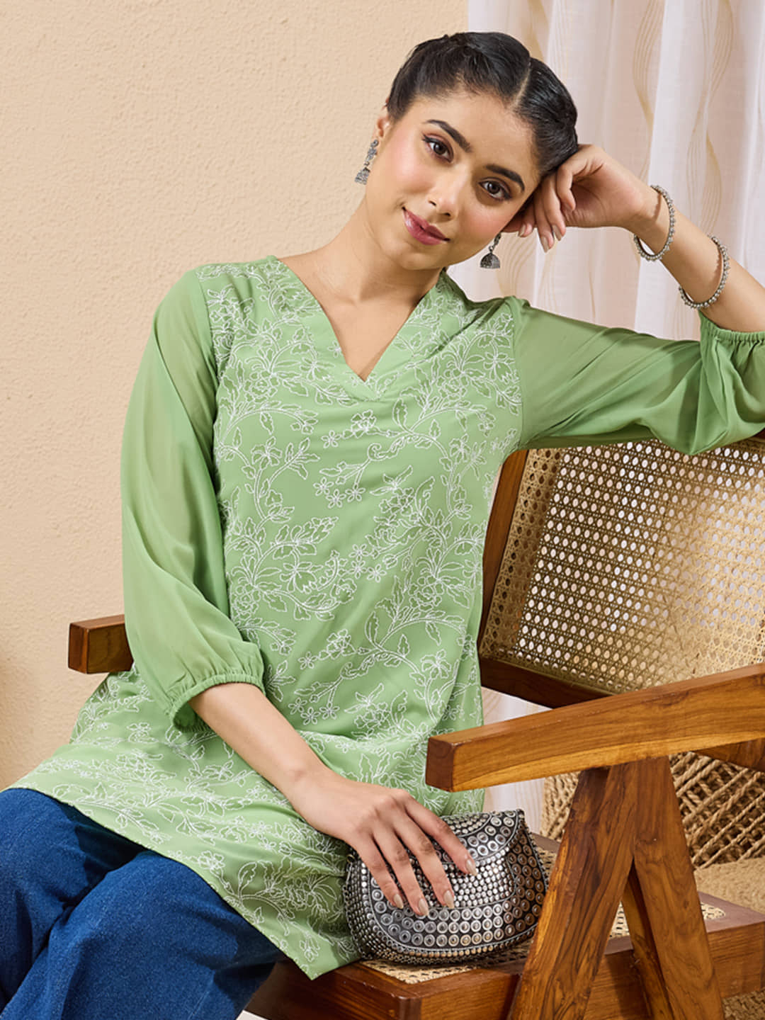 Janasya Women's Georgette Tunic ( Mint Green )