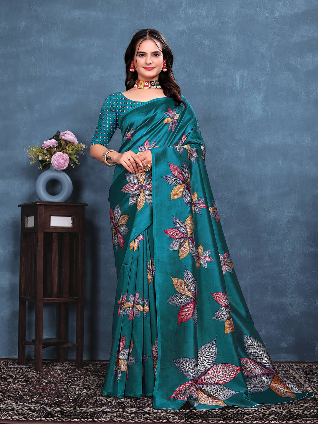 Kanooda Prints Art Silk Printed Mysore Silk Sarees With Unstitched Blouse Piece ( Rama ) - Sarees | Buy online on ZillyBuy