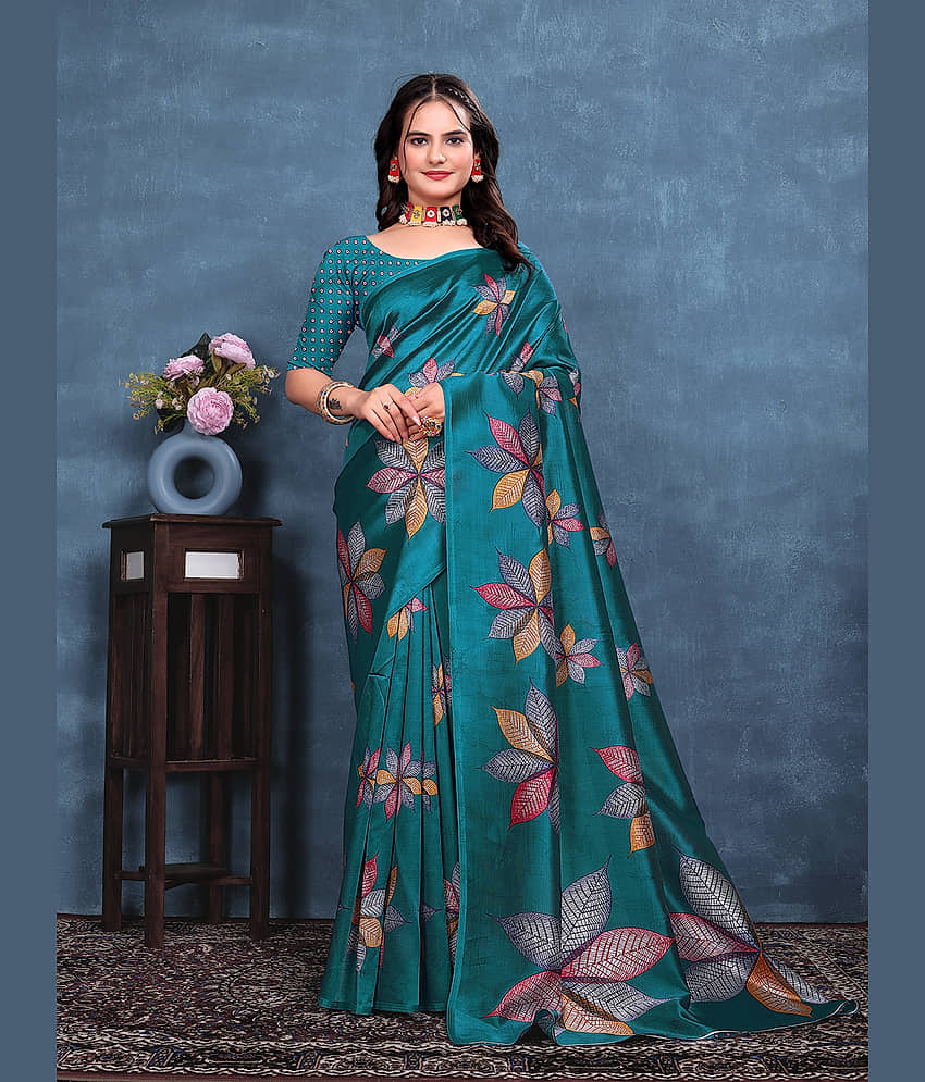 Kanooda Prints Art Silk Printed Mysore Silk Sarees With Unstitched Blouse Piece ( Rama ) - Sarees | Buy online on ZillyBuy