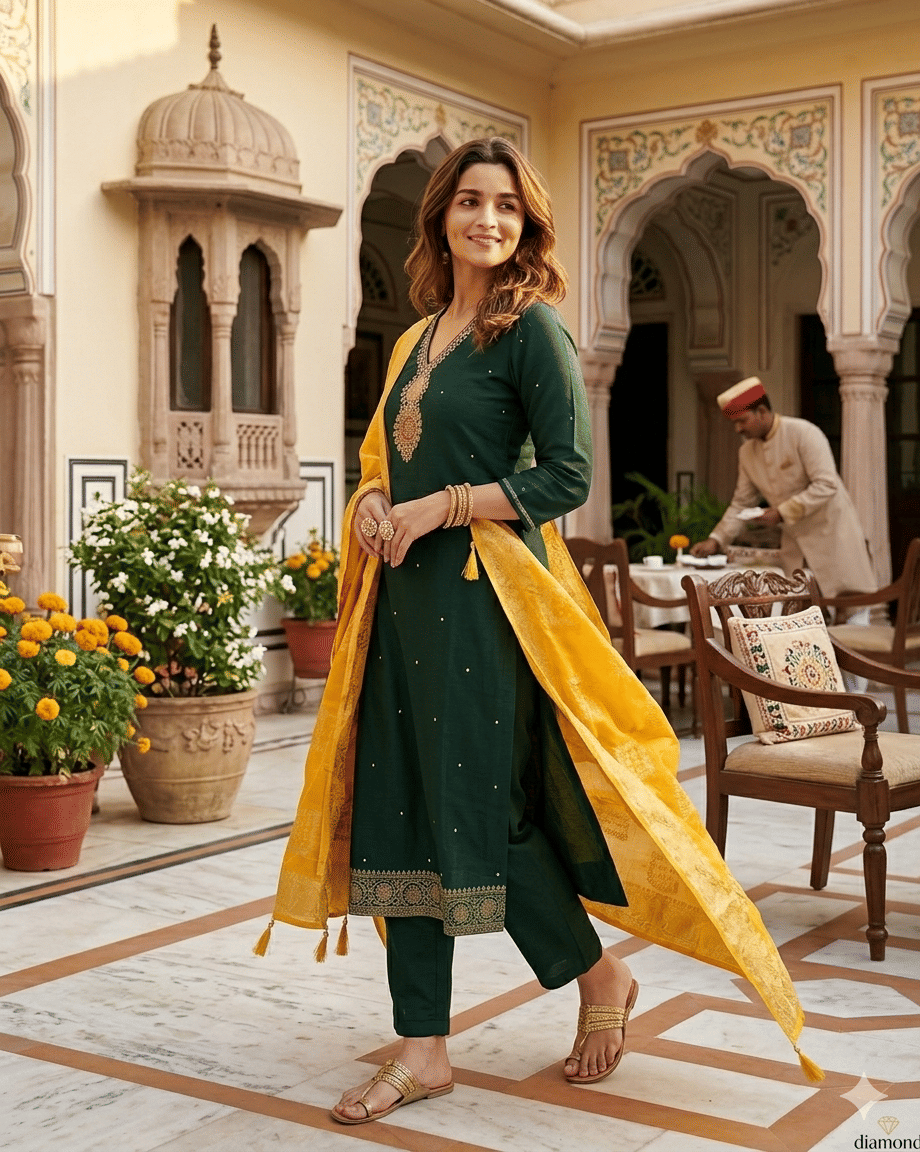 VARNI VESH Women Cotton Blend Embroidered Straight Kurti With Pants ( Green )