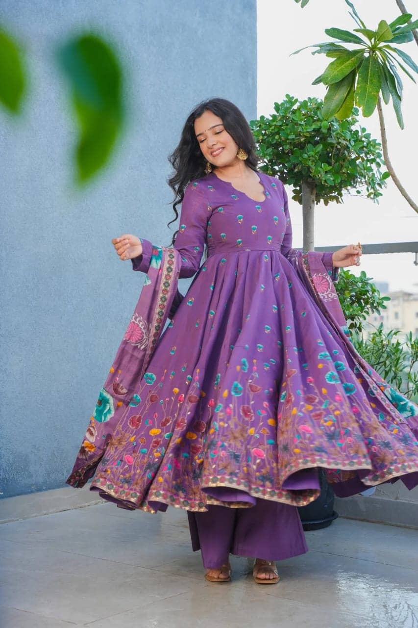 Varni Fabrics Women Art Silk Printed Anarkali Kurti With Pants ( Purple )