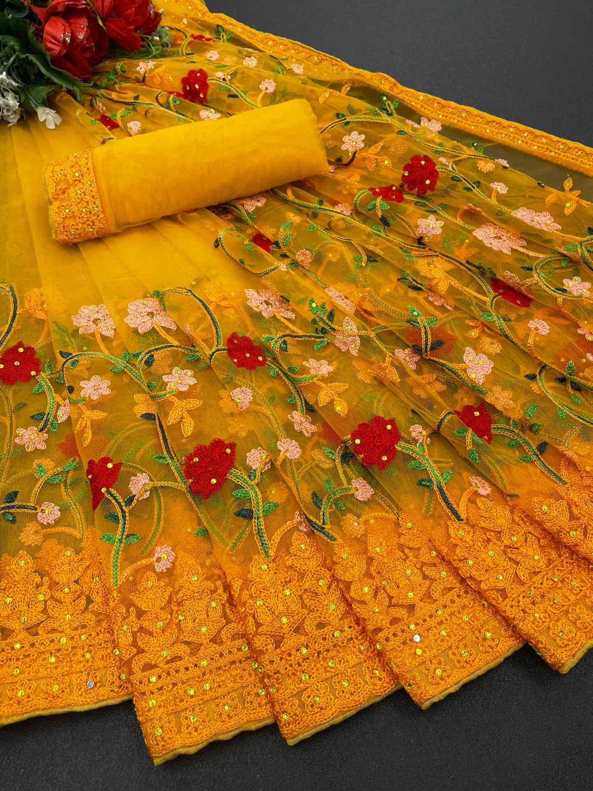 ofline selection Net Embroidered Regular Saree With Unstitched Blouse Piece ( Yellow ) - Sarees | Buy online on ZillyBuy