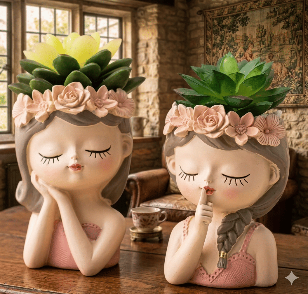 PICKARTME Quiet & Chic Modern Woman's Bust Vase, Artistic Herringbone Face Plant Pot, Pedestal Succulent Planter Pot for Home and Office Decor (Set Of 2)