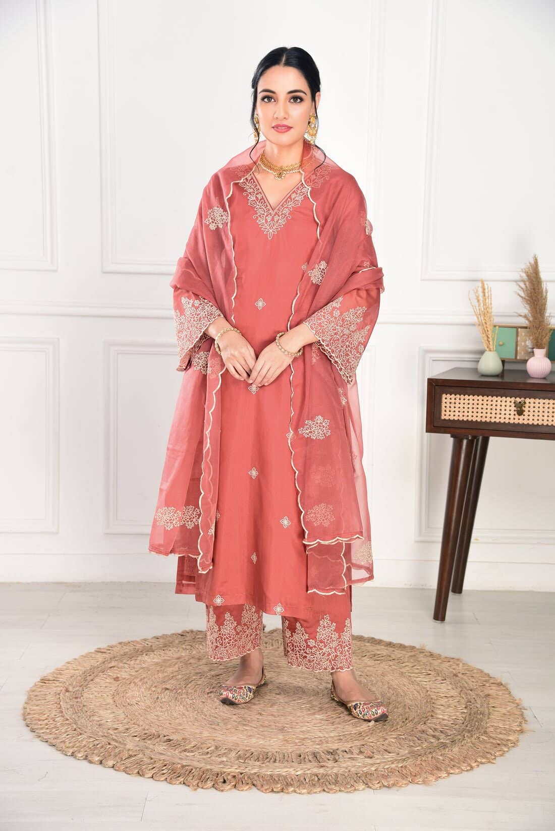 Royal Export Women Viscose Embroidered Straight Kurti With Pants ( Rust )