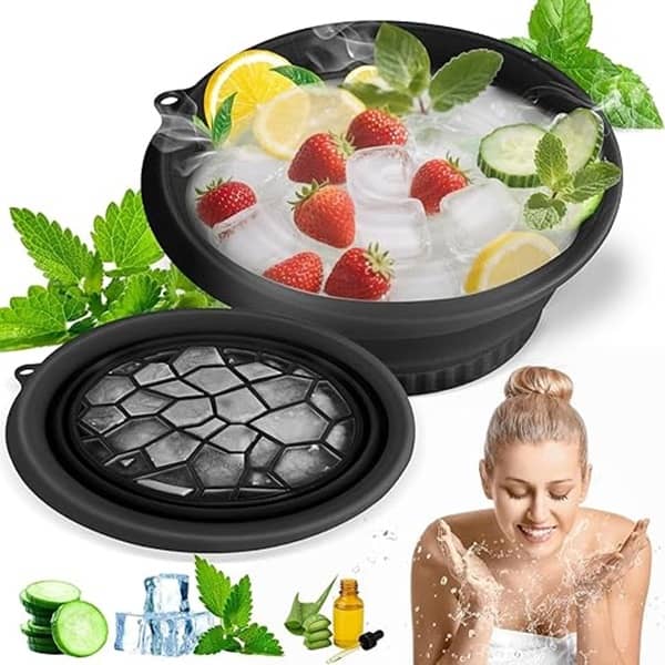 analog kichenware Silicone Face Bowl for Ice with Built-In Icetray, Collapsible Face Tub for Ice Bath, Facial Ice Plunge Bowl, Ice Water Facials at Home