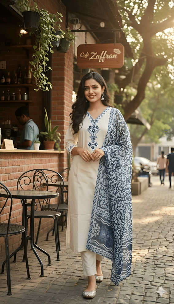 DSK STUDIO Women Cotton Embroidered Straight Kurti With Pants ( Off White )
